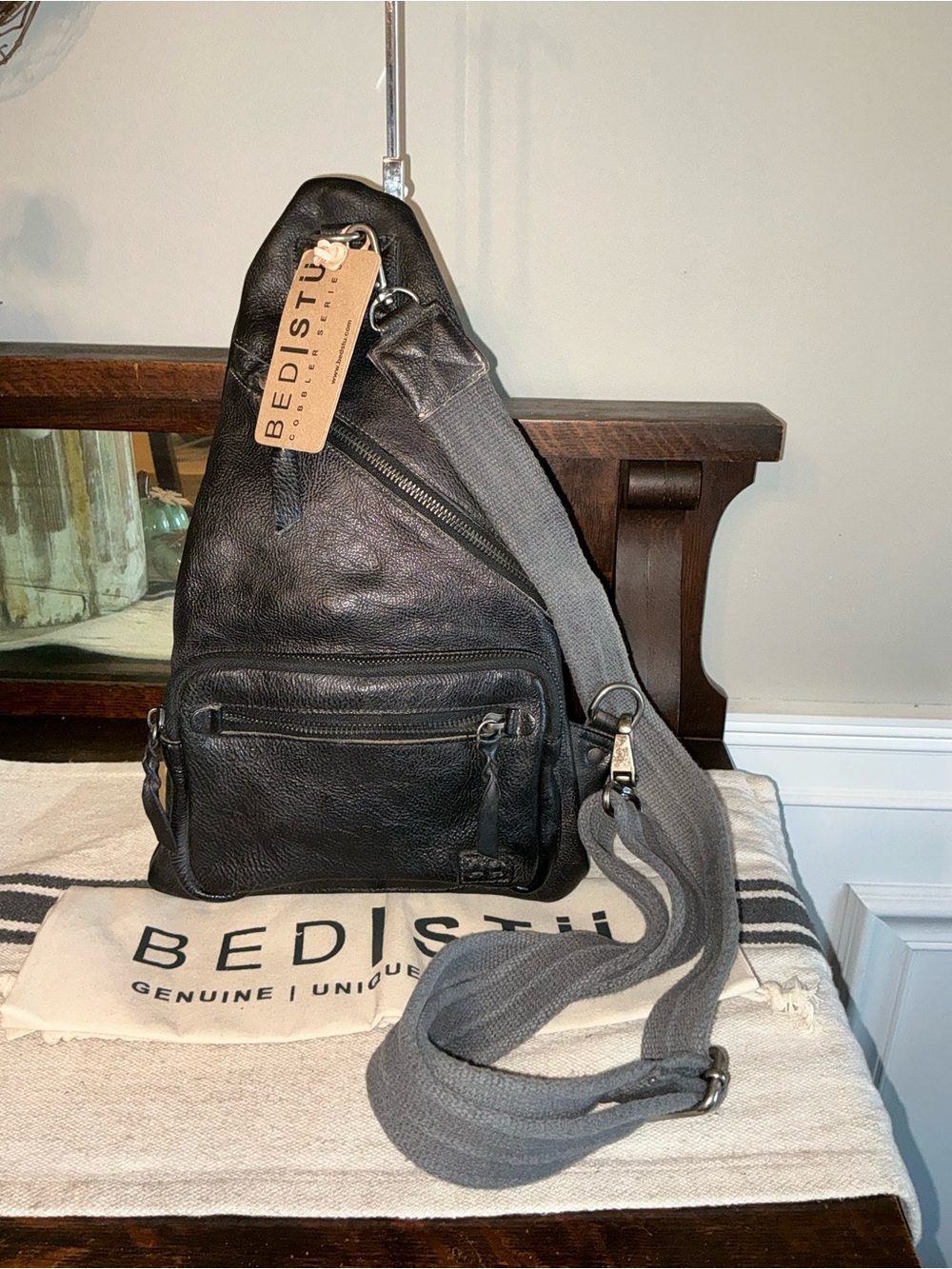 NWT Bed Stu Leather Unisex Andie Sling Backpack Black DD Dip Dyed MSRP $240